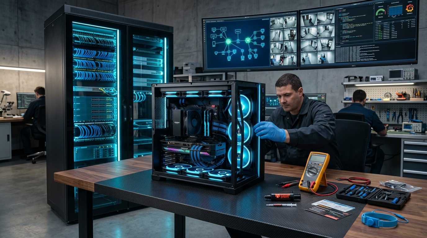 Laboratorio Sistec360 de ingeniería en computación con racks de servidores, cámaras CCTV y banco de reparación de hardware