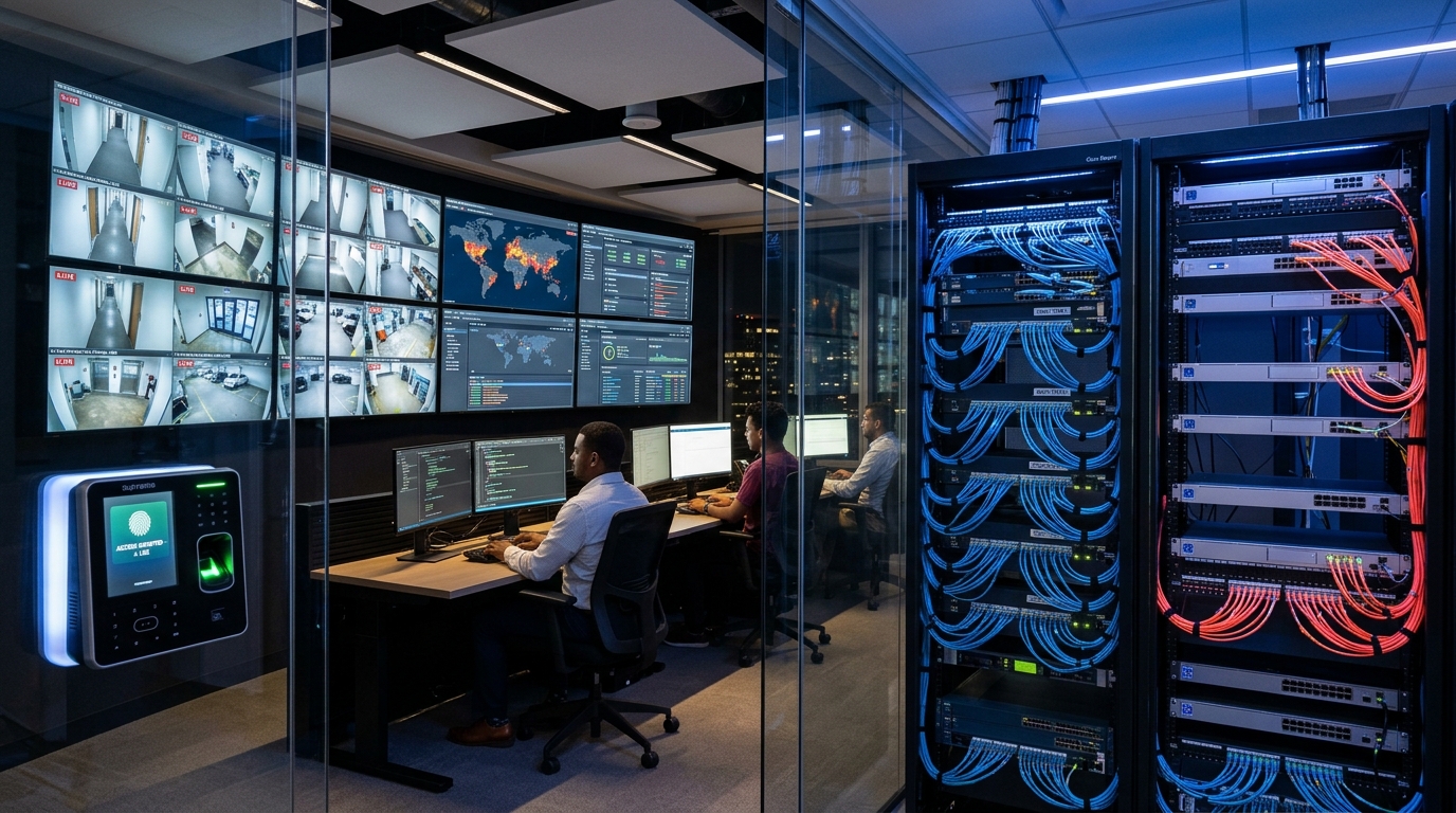 Centro de operaciones de red Sistec360 y monitoreo de seguridad informática con switches y terminal biométrica